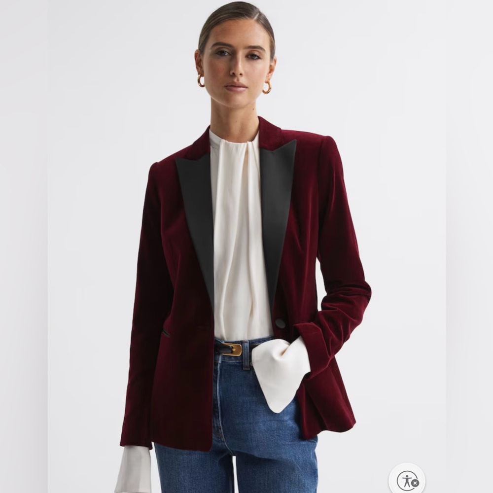 Reiss Maroon Velvet Tuxedo Style Blazer